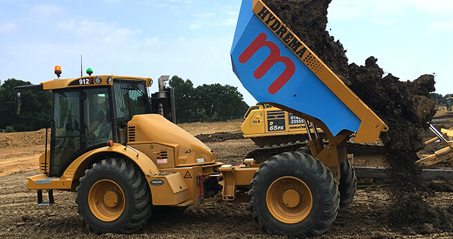 Mackoy New Hydrema Dumper Unloading Soil for Groundworks and Earthworks Services